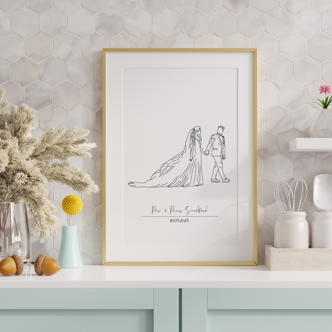 Hand Drawn Bride and Groom Line Art Print